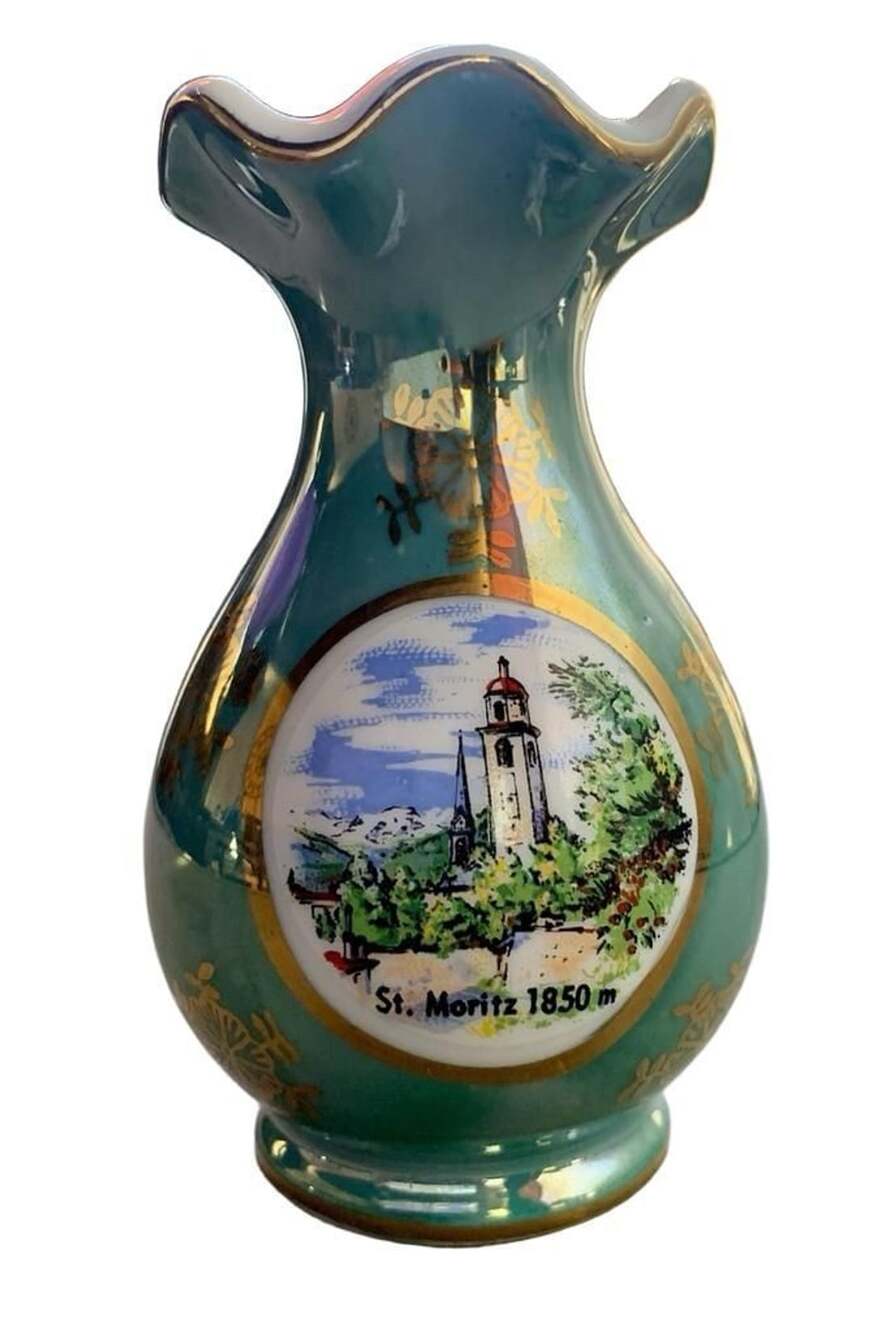 Vintage Ceramic Souvenir Bud Vase St. Moritz 1850m Scenic Pattern Gold Accents